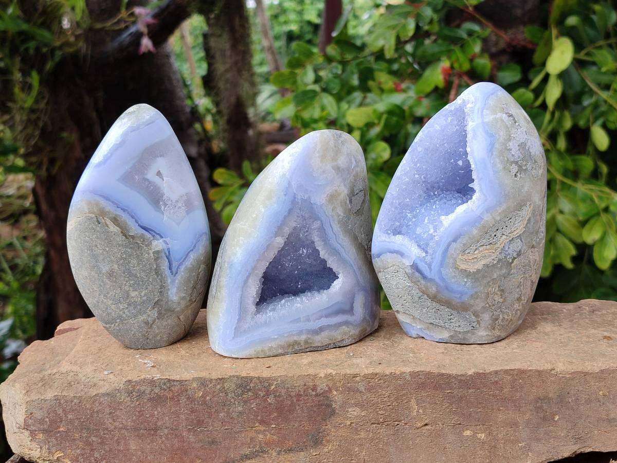 Polished Blue Lace Agate Standing Free Forms x 3 From Nsanje, Malawi - Toprock Gemstones and Minerals 