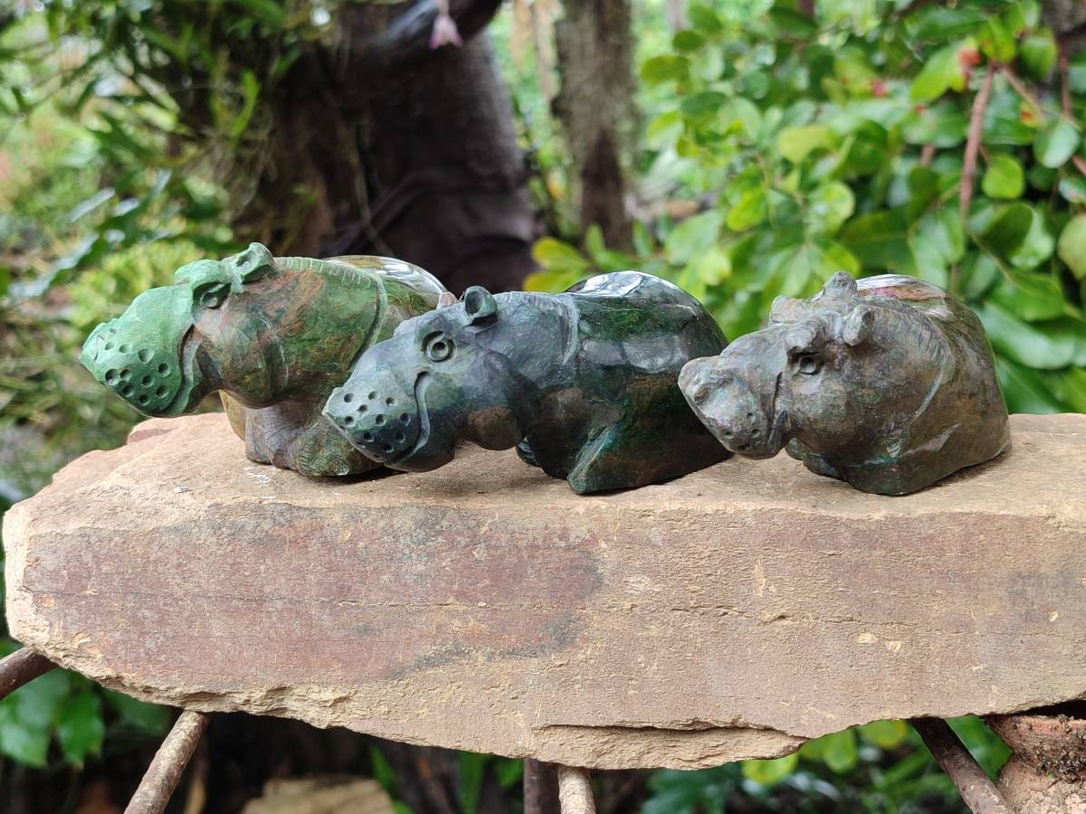 Hand Made Verdite Hippo Carvings x 3 From Nyanga, Zimbabwe - Toprock Gemstones and Minerals 