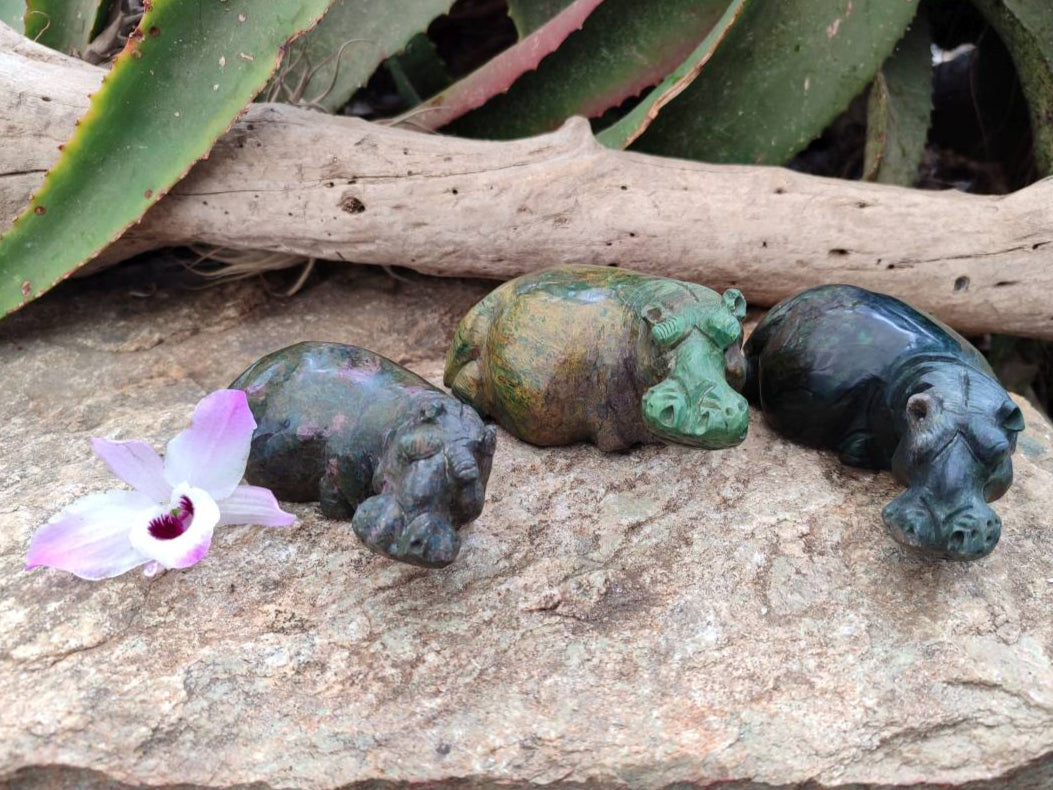 Hand Made Verdite Hippo Carvings x 3 From Nyanga, Zimbabwe - Toprock Gemstones and Minerals 