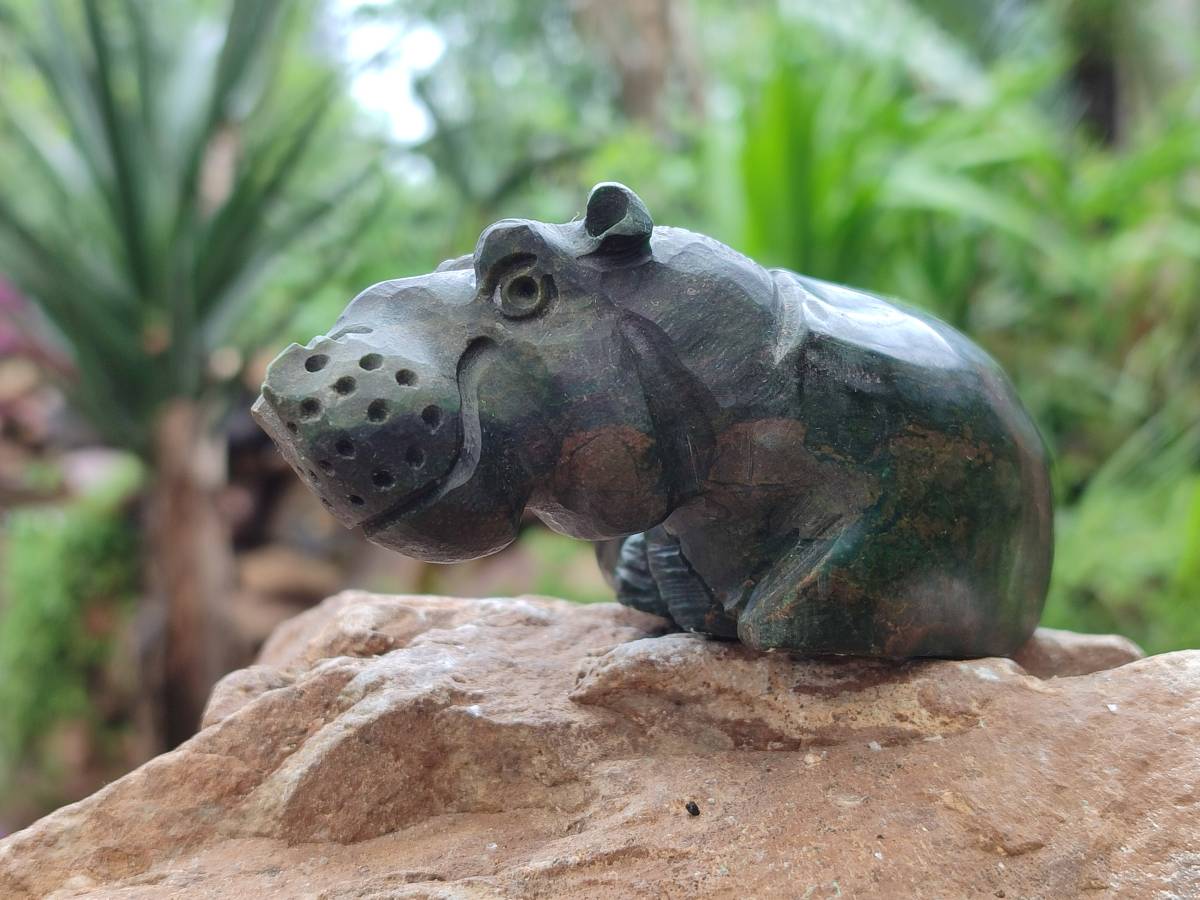 Hand Made Verdite Hippo Carvings x 3 From Nyanga, Zimbabwe - Toprock Gemstones and Minerals 