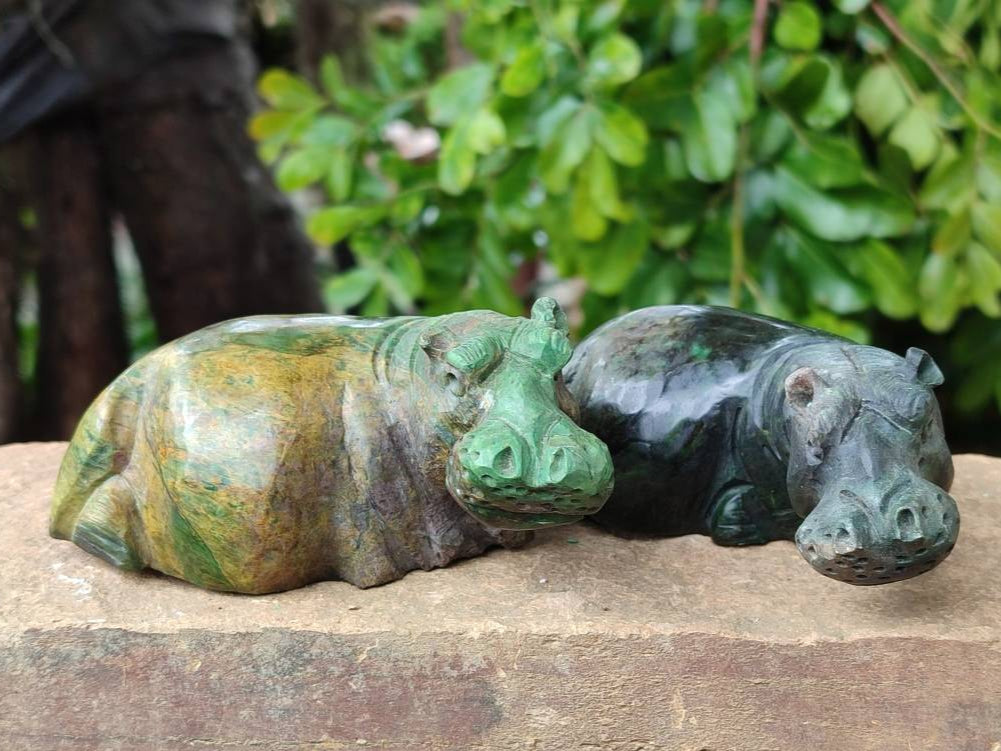 Hand Made Verdite Hippo Carvings x 3 From Nyanga, Zimbabwe - Toprock Gemstones and Minerals 