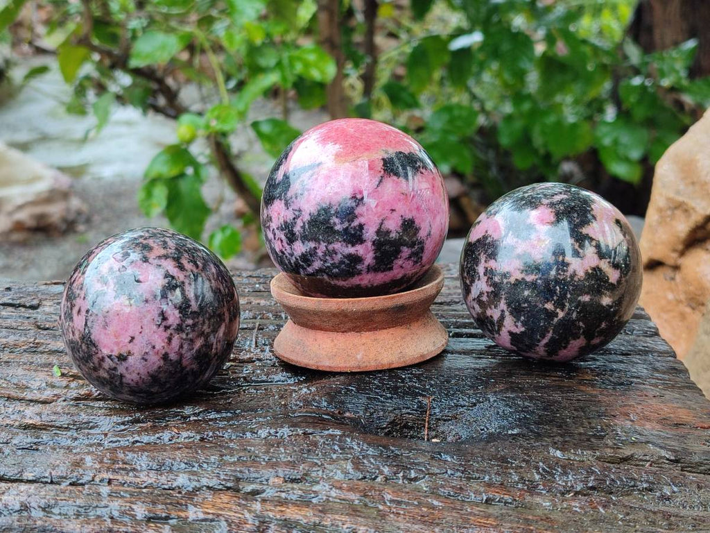 Polished Rhodonite Spheres x 3 From Ambindavato, Madagascar - Toprock Gemstones and Minerals 