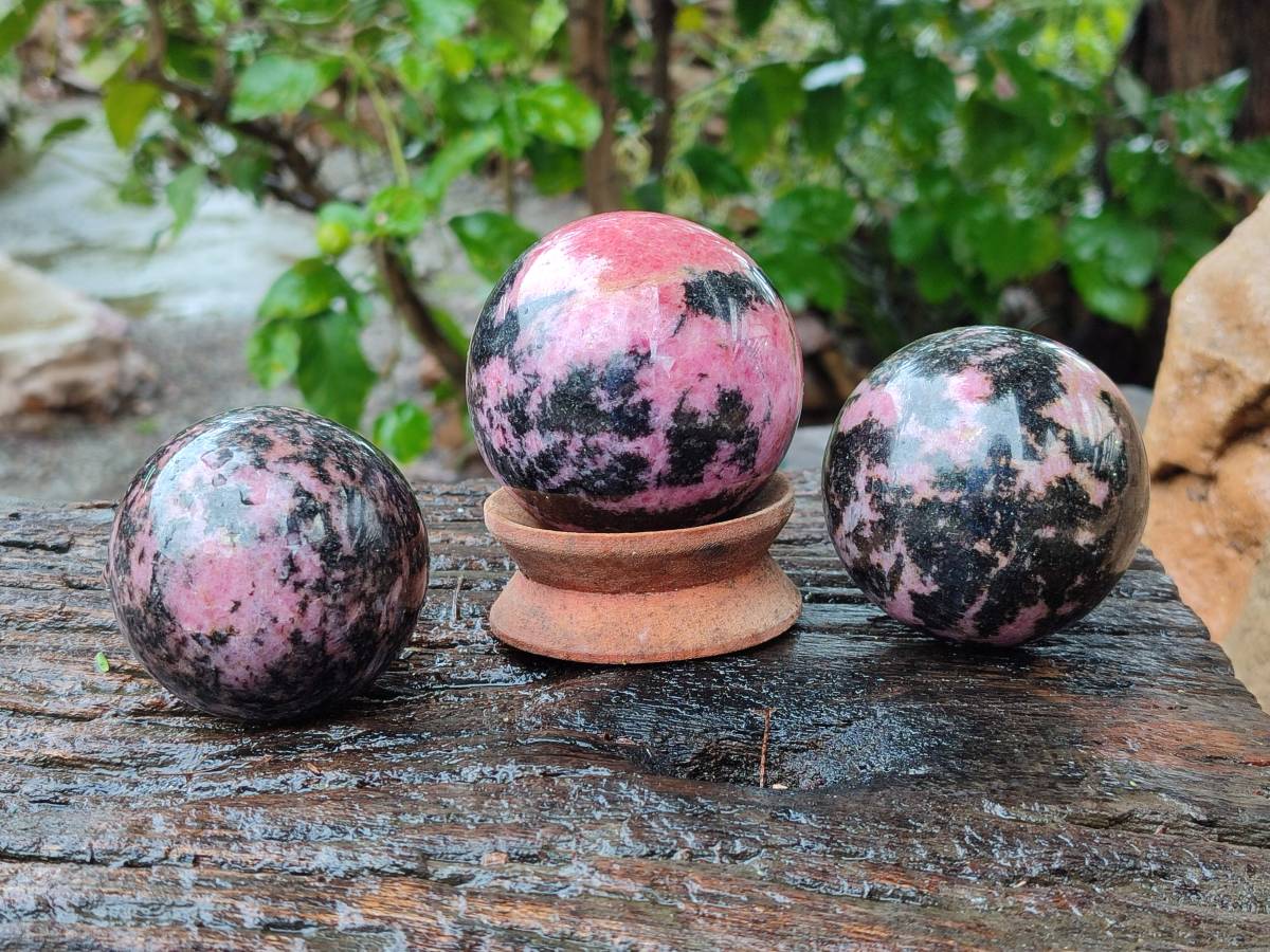 Polished Rhodonite Spheres x 3 From Ambindavato, Madagascar - Toprock Gemstones and Minerals 