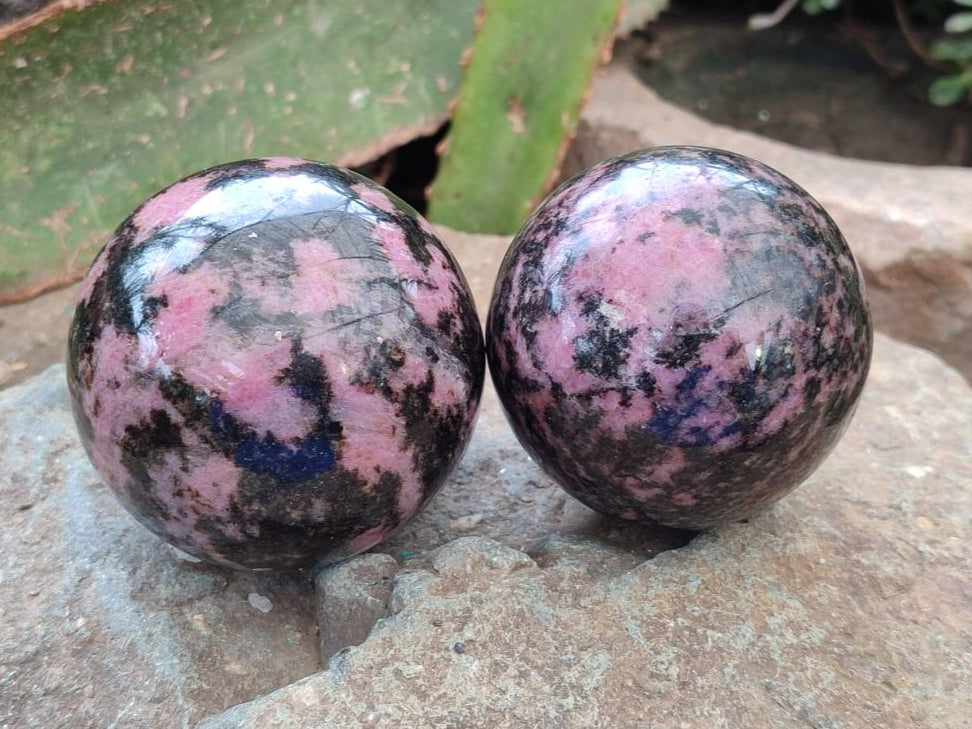 Polished Rhodonite Spheres x 3 From Ambindavato, Madagascar - Toprock Gemstones and Minerals 