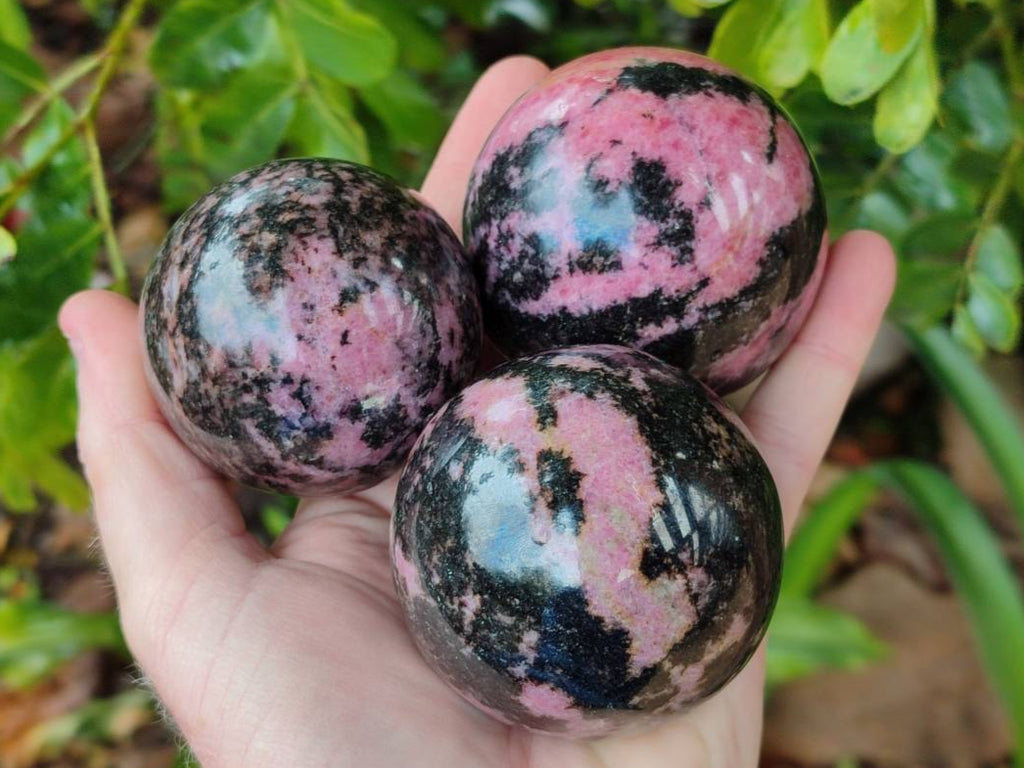 Polished Rhodonite Spheres x 3 From Ambindavato, Madagascar - Toprock Gemstones and Minerals 