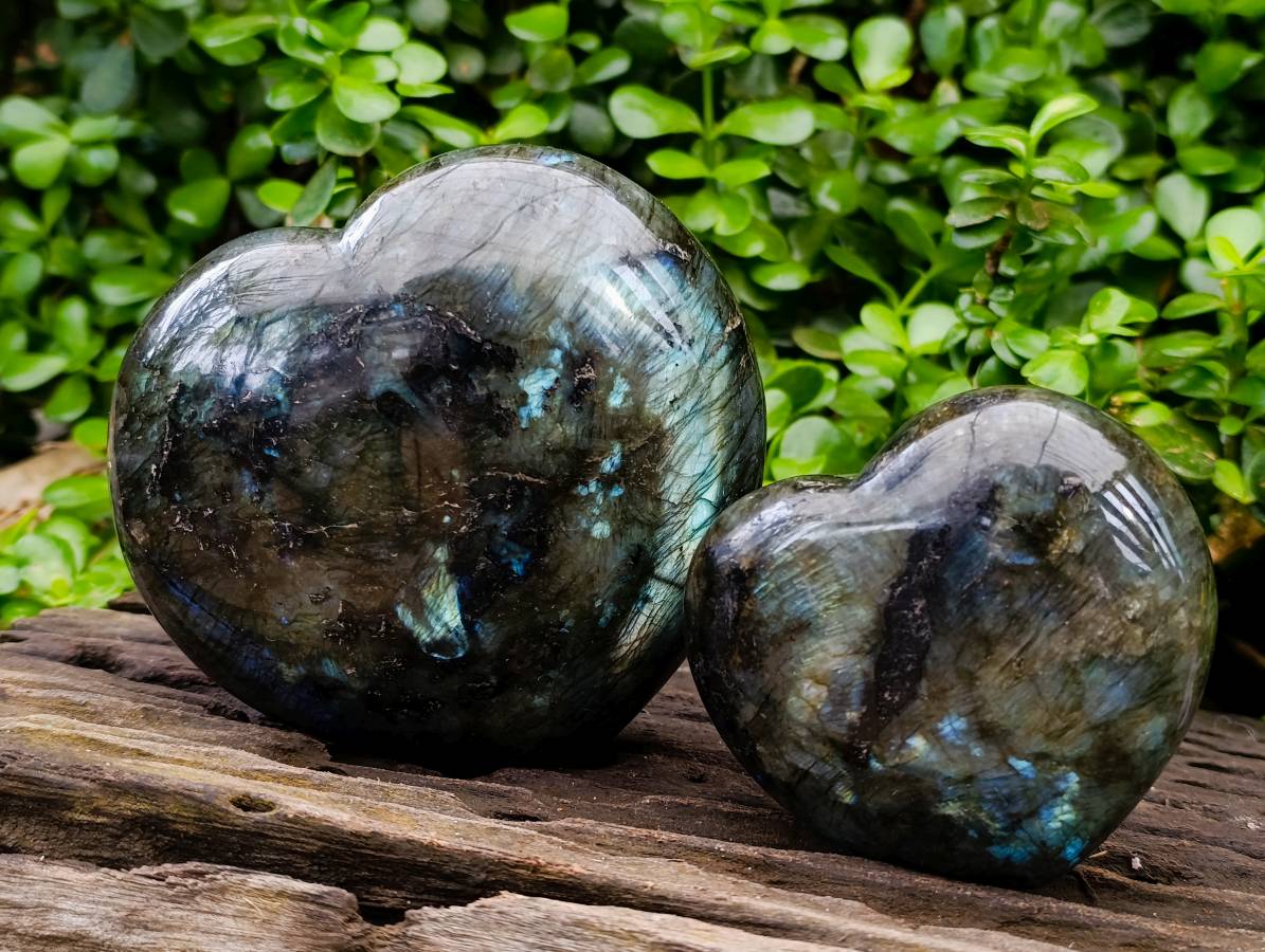 Polished Labradorite Hearts x 2 From Tulear, Madagascar - Toprock Gemstones and Minerals 