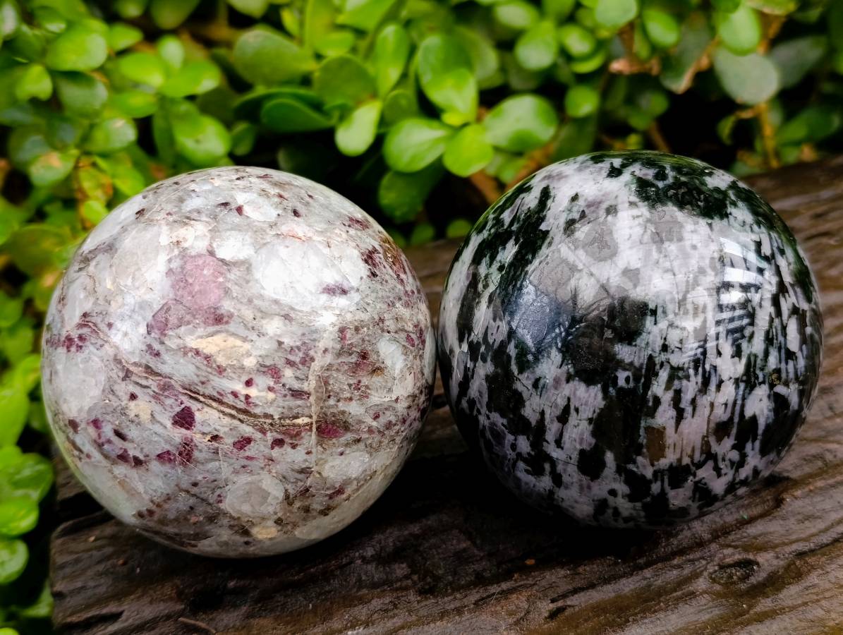 Polished Mixed Selected Merlinite and Rubellite Spheres x 2 From Madagascar - Toprock Gemstones and Minerals 