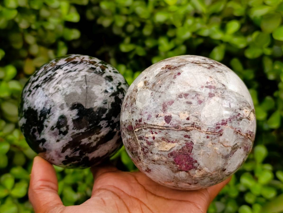 Polished Mixed Selected Merlinite and Rubellite Spheres x 2 From Madagascar - Toprock Gemstones and Minerals 
