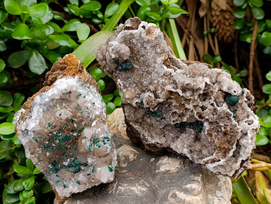 Natural Silky Ball Malachite and Drusy Quartz On Dolomite Matrix Specimens x 2 From Congo - Toprock Gemstones and Minerals 
