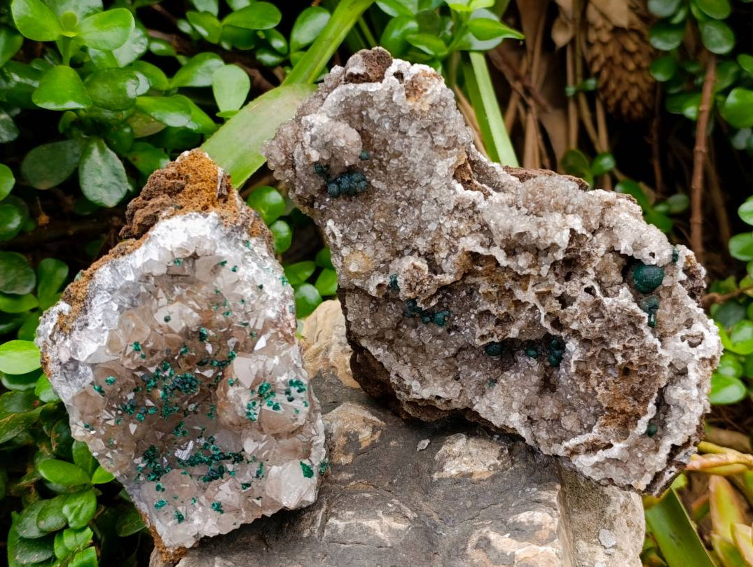 Natural Silky Ball Malachite and Drusy Quartz On Dolomite Matrix Specimens x 2 From Congo - Toprock Gemstones and Minerals 