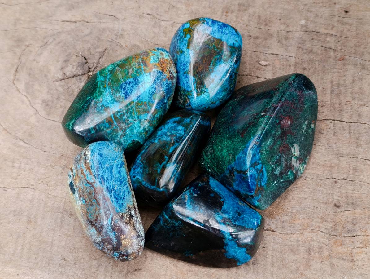 Polished Shattuckite Malachite and Bornite Free Forms x 6 From Kaokoveld, Namibia - Toprock Gemstones and Minerals 
