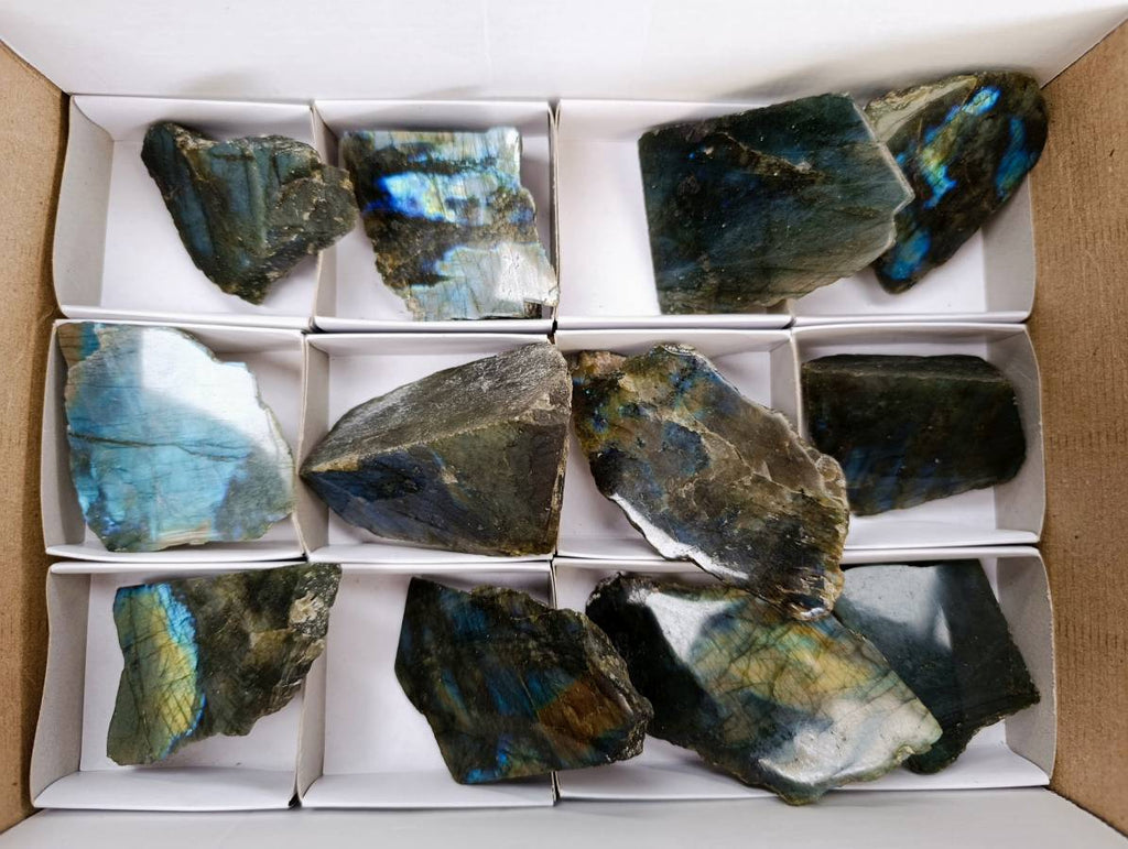 Polished On One Side Labradorite x 12 From Tulear, Madagascar - Toprock Gemstones and Minerals 