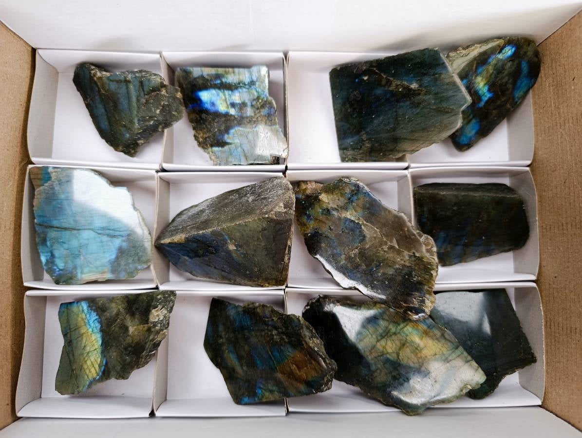 Polished On One Side Labradorite x 12 From Tulear, Madagascar - Toprock Gemstones and Minerals 