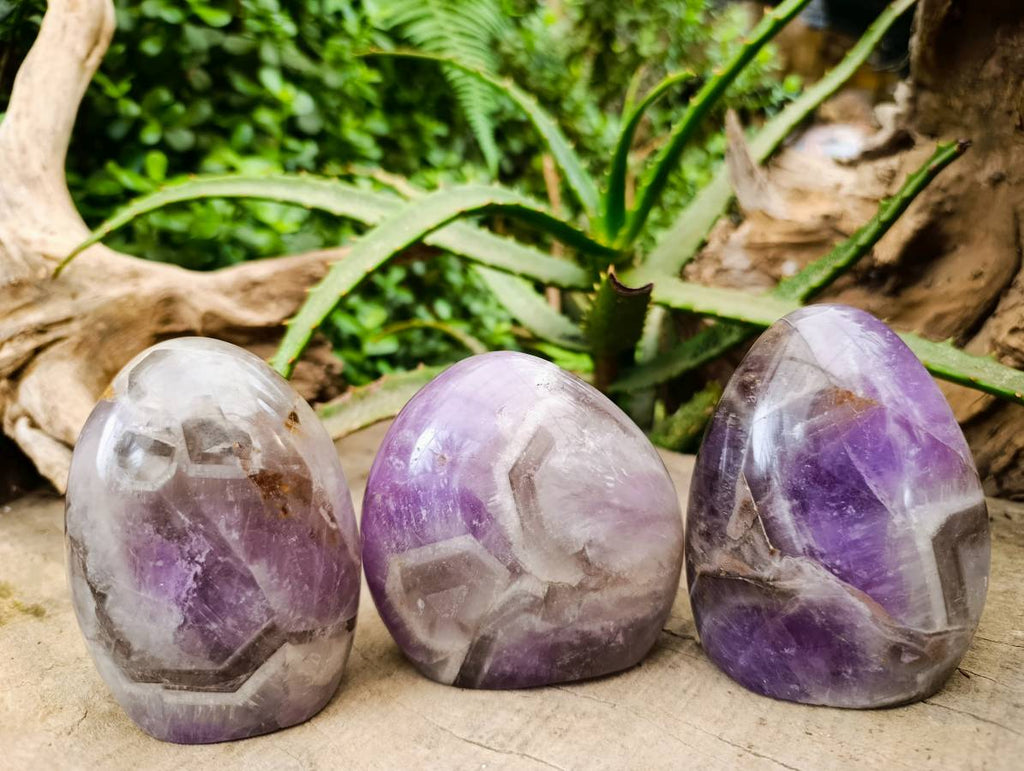 Polished Chevron Amethyst Standing Free Forms x 3 from Ankazobe, Madagascar - Toprock Gemstones and Minerals 