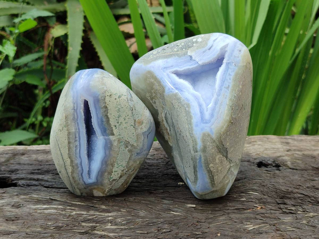 Polished Blue Lace Agate Standing Free Form Geodes x 2 From Nsanje, Malawi - Toprock Gemstones and Minerals 