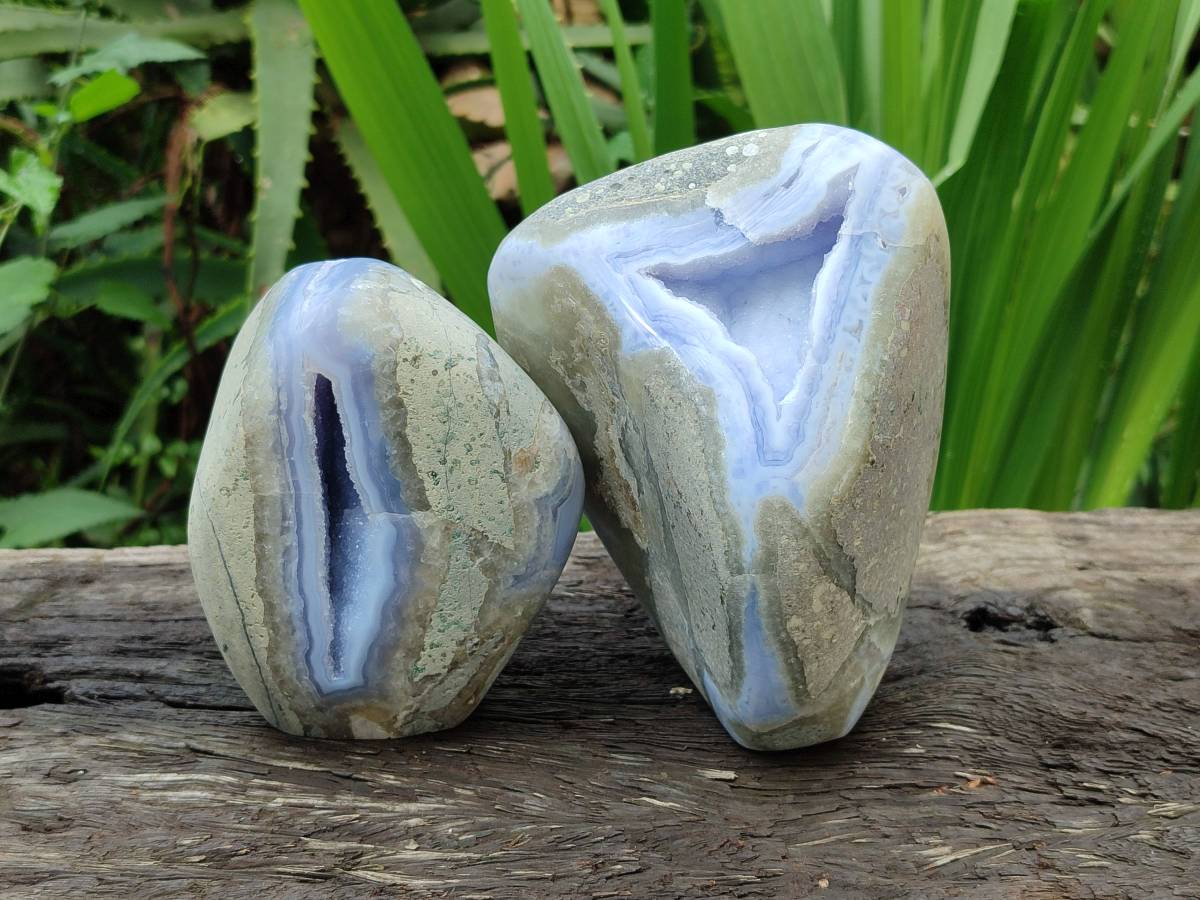 Polished Blue Lace Agate Standing Free Form Geodes x 2 From Nsanje, Malawi - Toprock Gemstones and Minerals 