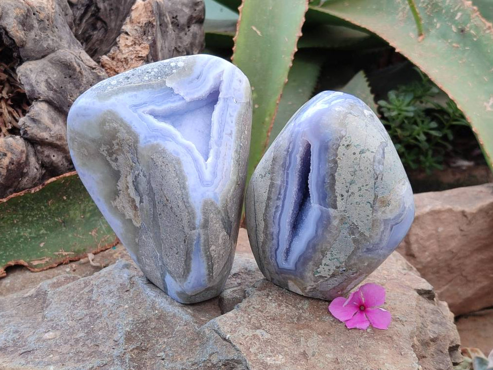 Polished Blue Lace Agate Standing Free Form Geodes x 2 From Nsanje, Malawi - Toprock Gemstones and Minerals 