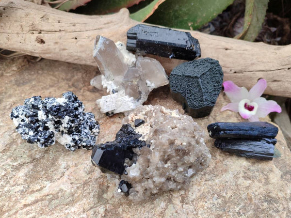 Natural Schorl Black Tourmaline with Associated Minerals x 6 From Erongo, Namibia