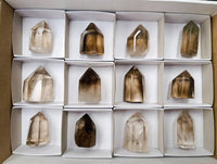 Polished Smokey Wispy Phantom Quartz Crystals x 12 From Anzojorabe, Madagascar