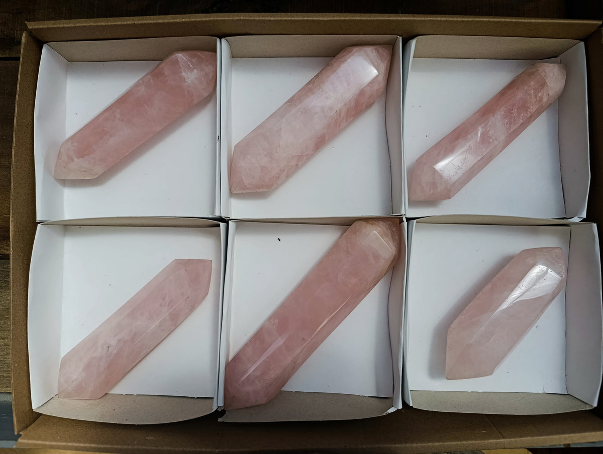 Polished Double Terminated Rose Quartz Crystals x 6 From Madagascar - Toprock Gemstones and Minerals 