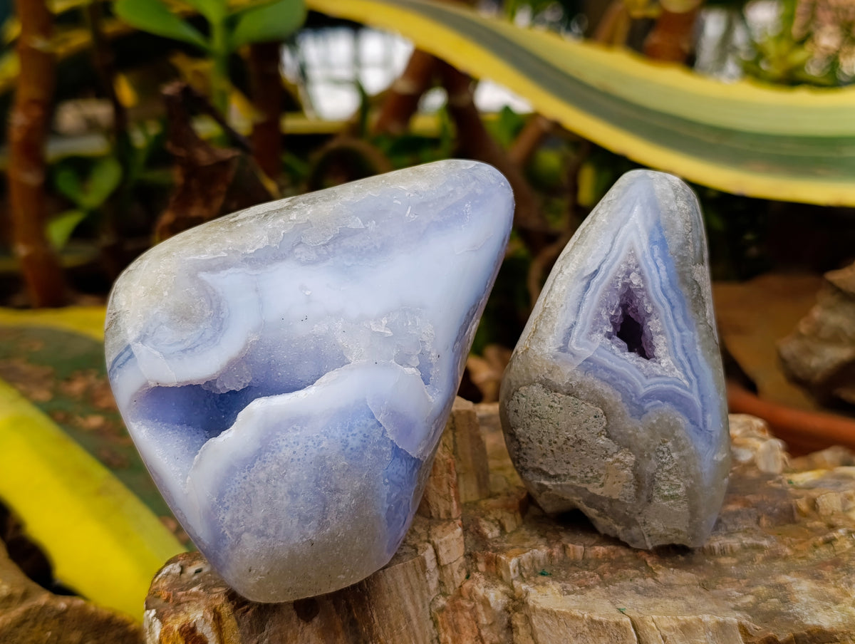 Polished Blue Lace Agate Standing Free Forms x 2 From Nsanje, Malawi - Toprock Gemstones and Minerals 