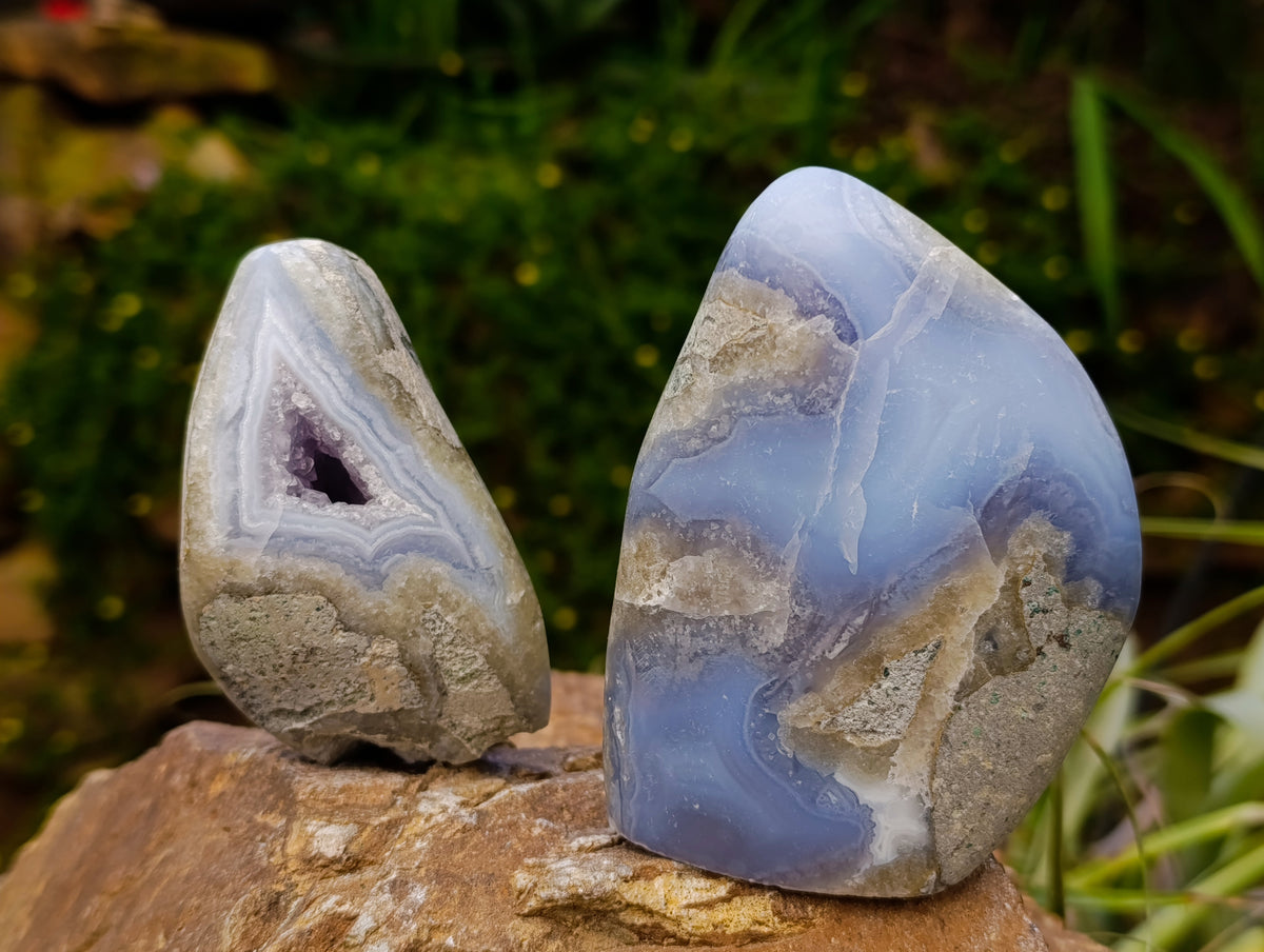 Polished Blue Lace Agate Standing Free Forms x 2 From Nsanje, Malawi - Toprock Gemstones and Minerals 