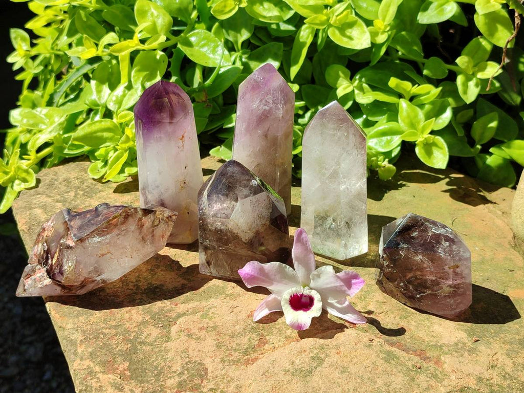 Polished Smokey Window Amethyst Crystals x 6 From Akansobe, Madagascar - Toprock Gemstones and Minerals 