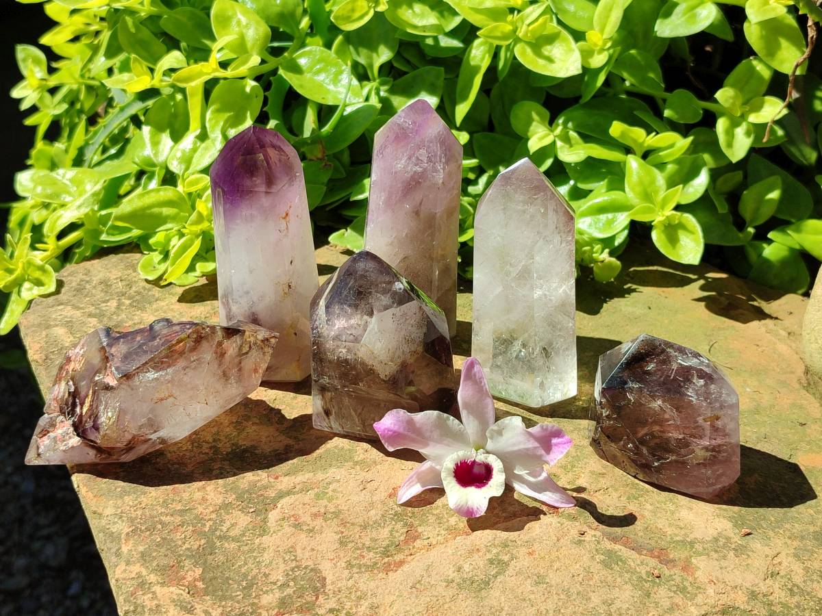 Polished Smokey Window Amethyst Crystals x 6 From Akansobe, Madagascar - Toprock Gemstones and Minerals 