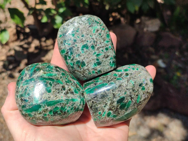 Polished Emerald Mica 'Mutokolite' Standing Free Forms x 5 From Mutoko, Zimbabwe
