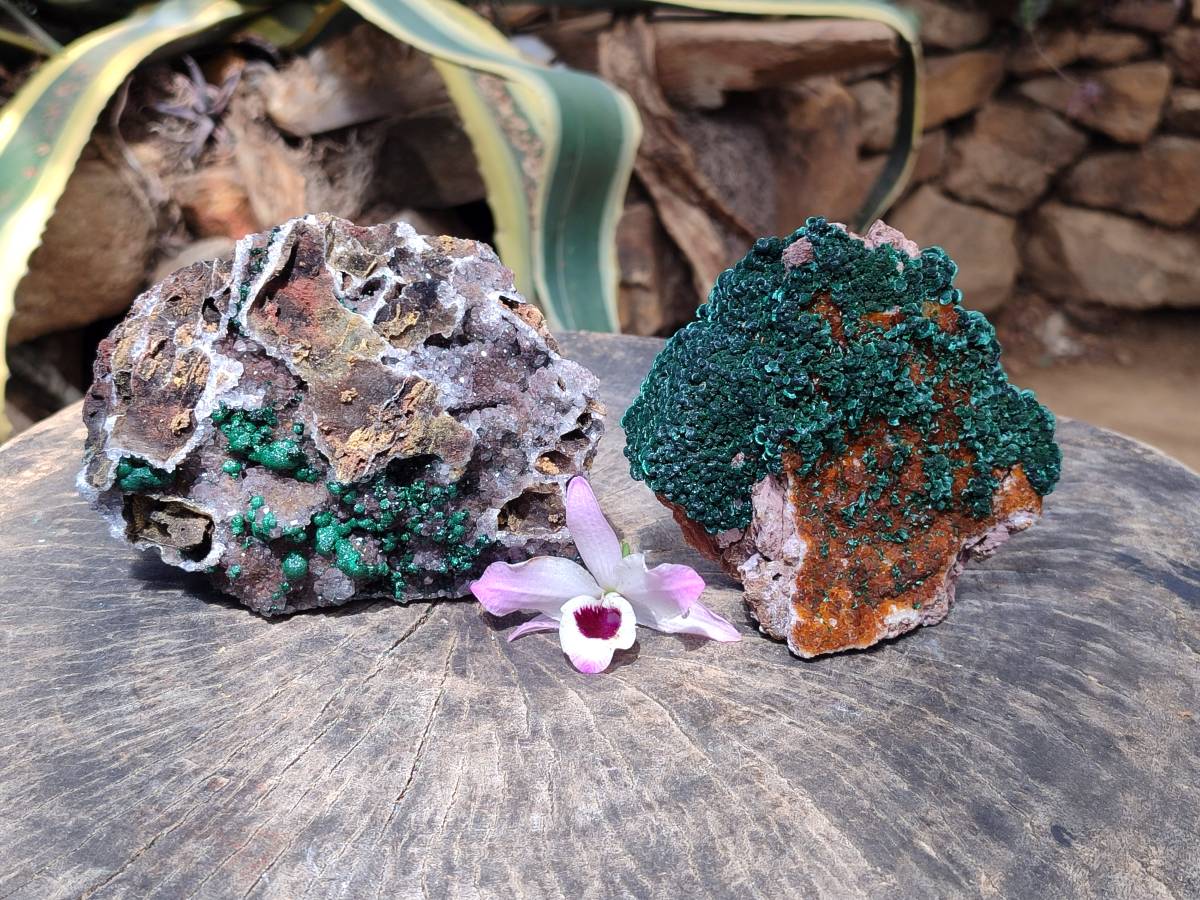 Natural Silky Ball Malachite and Drusy Quartz On Dolomite Matrix Specimens x 2 From Mindingi Mine, Kambove, Congo - Toprock Gemstones and Minerals 