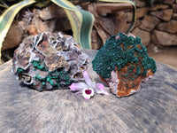 Natural Silky Ball Malachite and Drusy Quartz On Dolomite Matrix Specimens x 2 From Mindingi Mine, Kambove, Congo