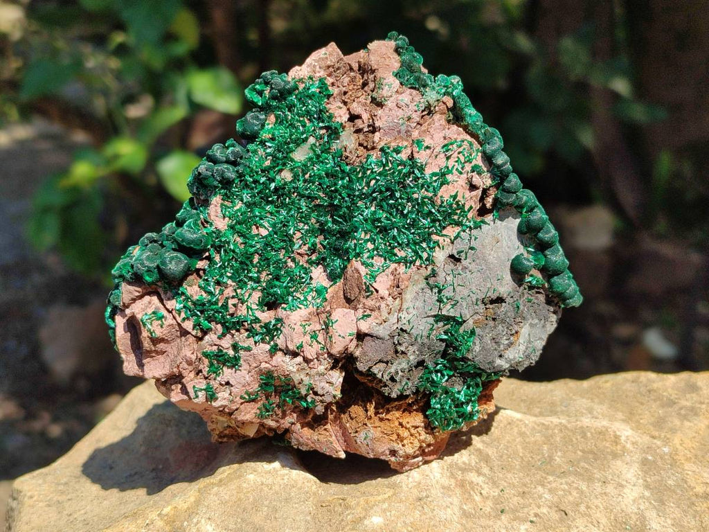 Natural Silky Ball Malachite and Drusy Quartz On Dolomite Matrix Specimens x 2 From Mindingi Mine, Kambove, Congo - Toprock Gemstones and Minerals 