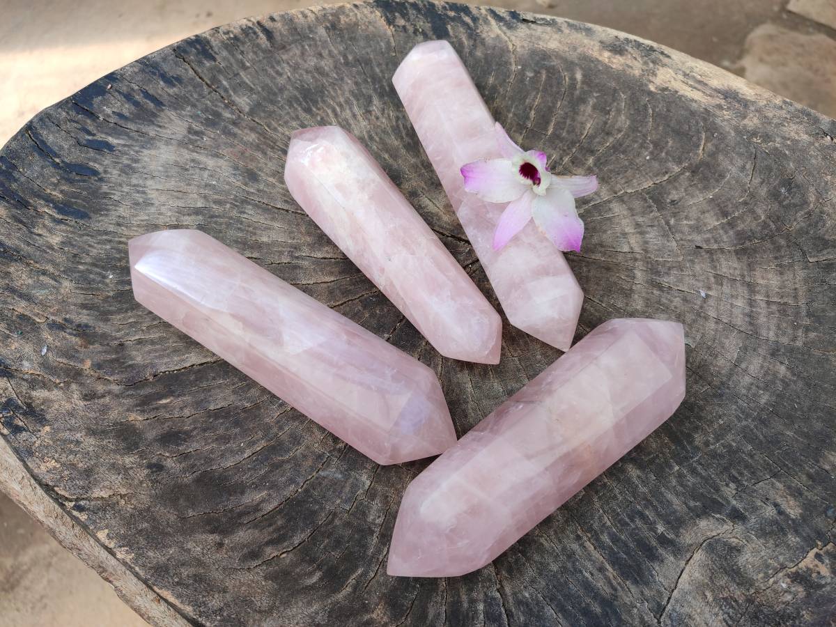 Polished Double Terminated Rose Quartz Crystals x 4 From Ambatondrazaka, Madagascar - Toprock Gemstones and Minerals 