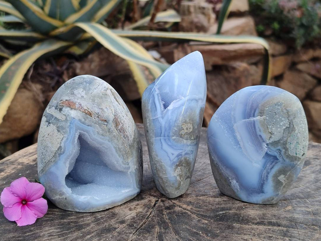 Polished Blue Lace Agate Standing Free Forms x 3 From Nsanje, Malawi - Toprock Gemstones and Minerals 