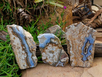 Polished On One Side Blue Lace Agate with Crazy Lace, Slices x 3 From Namibia