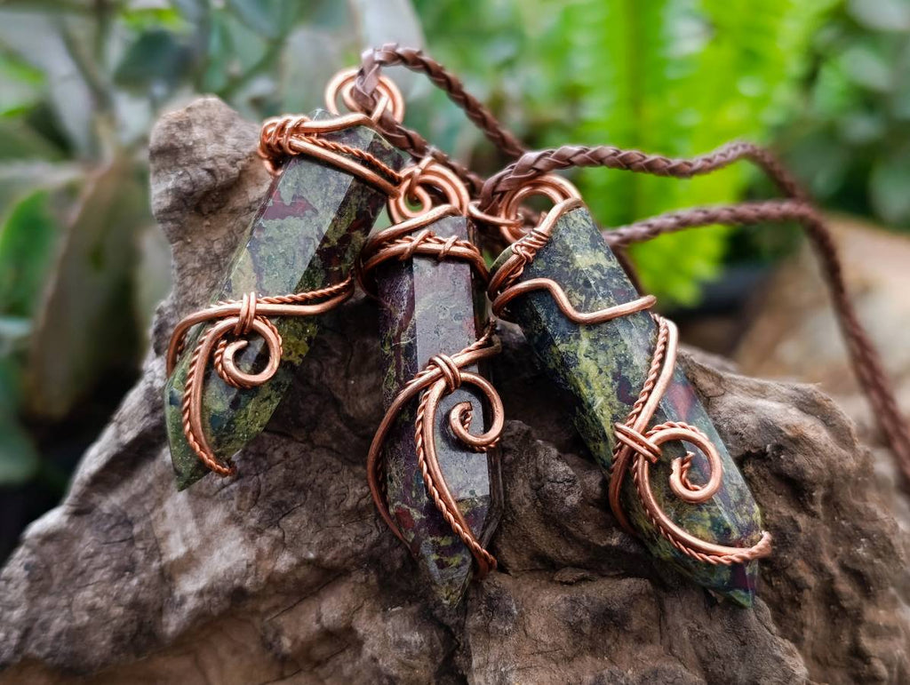 Hand Made Bastite Copper Wire Wrapped Stone Pendants - Sold Per Piece - From South Africa - Toprock Gemstones and Minerals 