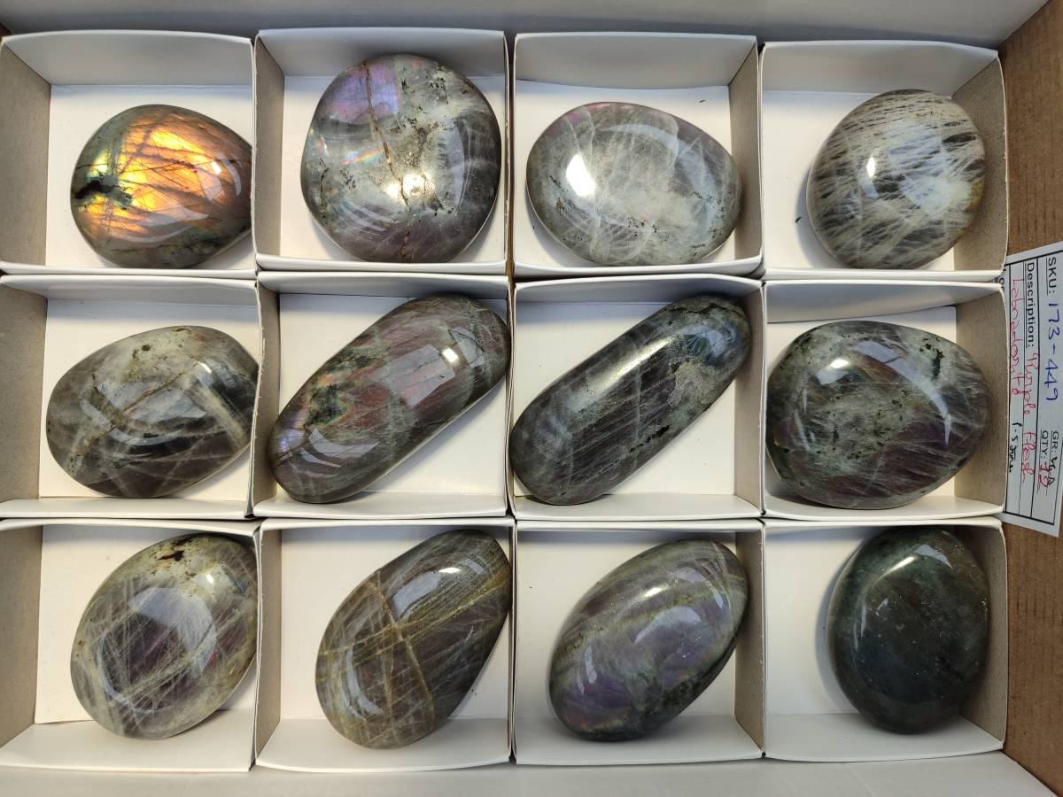Polished Purple Flash Labradorite Galets x 12 From Tulear, Madagascar - Toprock Gemstones and Minerals 