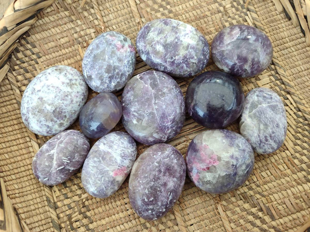 Polished Lepidolite With Rubellite Pink Tourmaline Galets x 12 From Madagascar - Toprock Gemstones and Minerals 