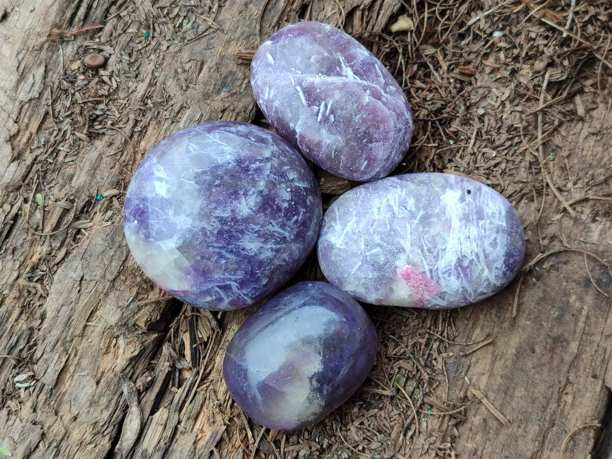 Polished Lepidolite With Rubellite Pink Tourmaline Galets x 12 From Madagascar - Toprock Gemstones and Minerals 