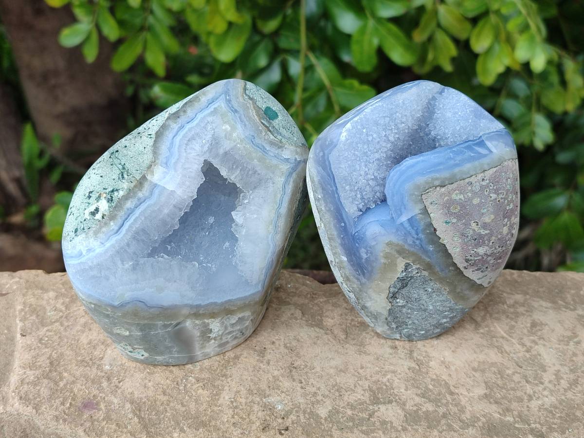 Polished Blue Lace Agate Standing Free Forms x 2 From Nsanje, Malawi - Toprock Gemstones and Minerals 