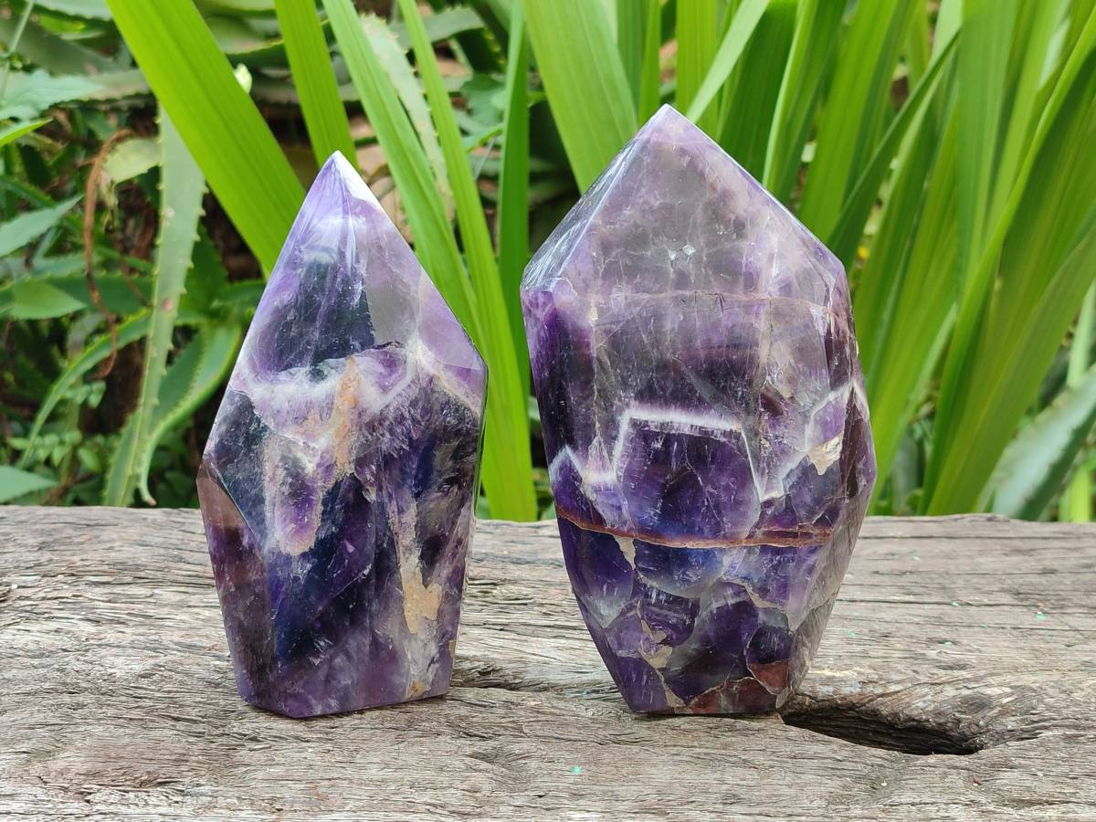 Polished Chevron Amethyst Points x 2 From Zambia - Toprock Gemstones and Minerals 
