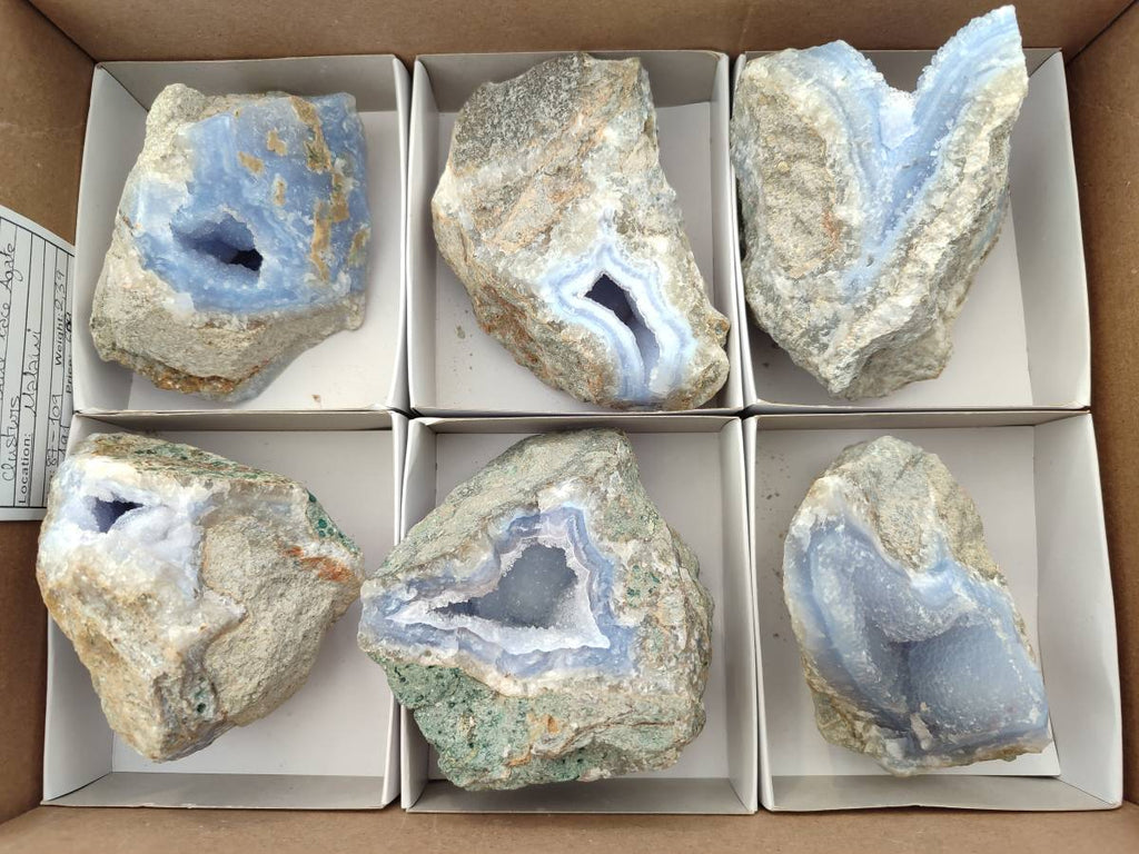 Natural Blue Lace Agate Geode Specimens x 6 From Nsanje, Malawi - Toprock Gemstones and Minerals 