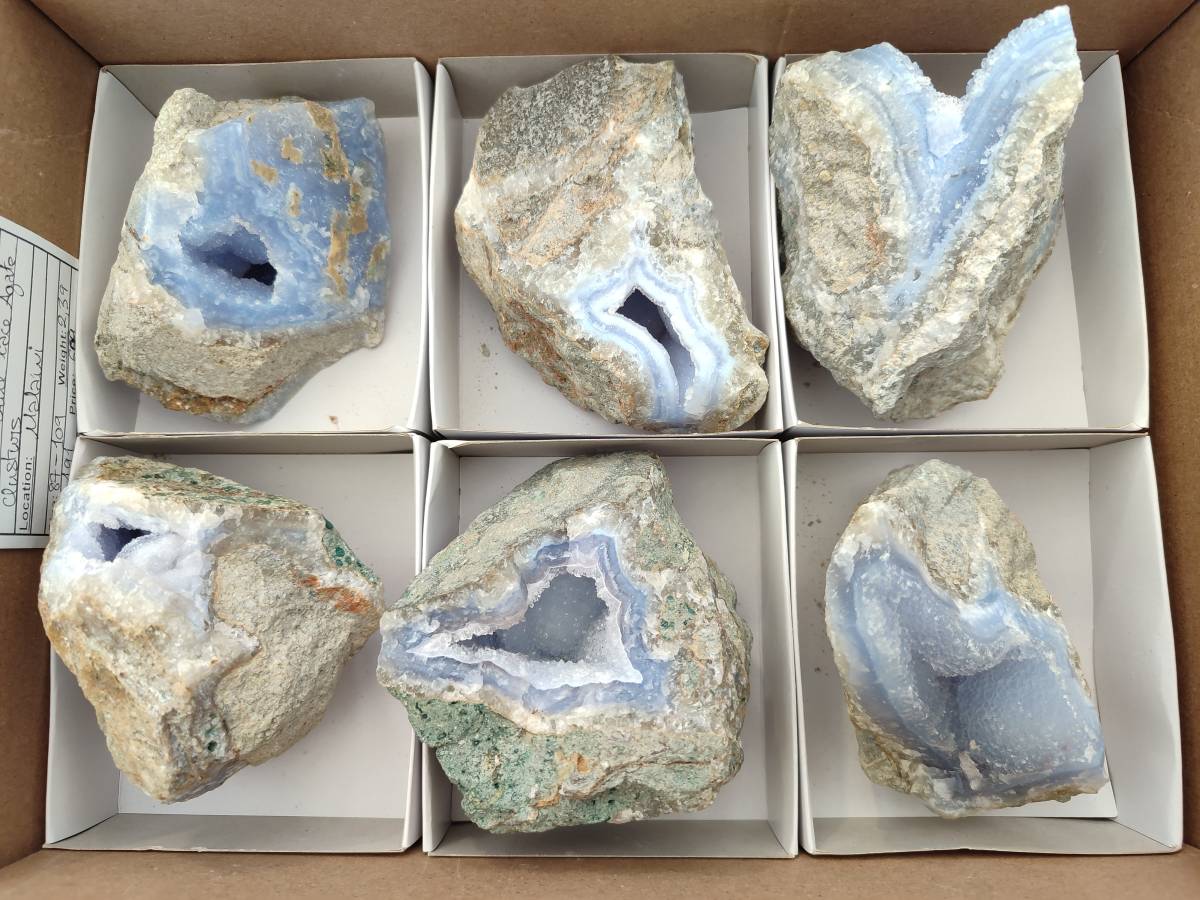 Natural Blue Lace Agate Geode Specimens x 6 From Nsanje, Malawi - Toprock Gemstones and Minerals 