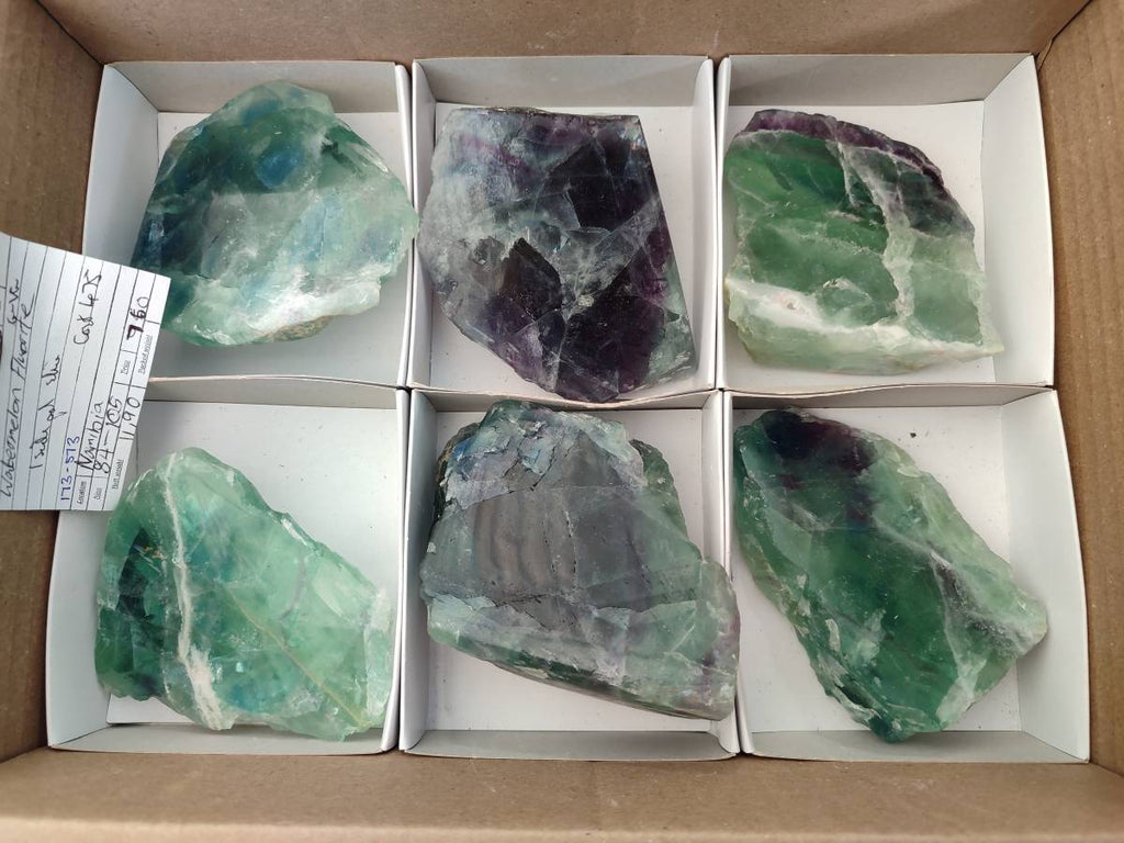 Polished On One Side Watermelon Fluorite Slices x 6 From Uis, Namibia - Toprock Gemstones and Minerals 