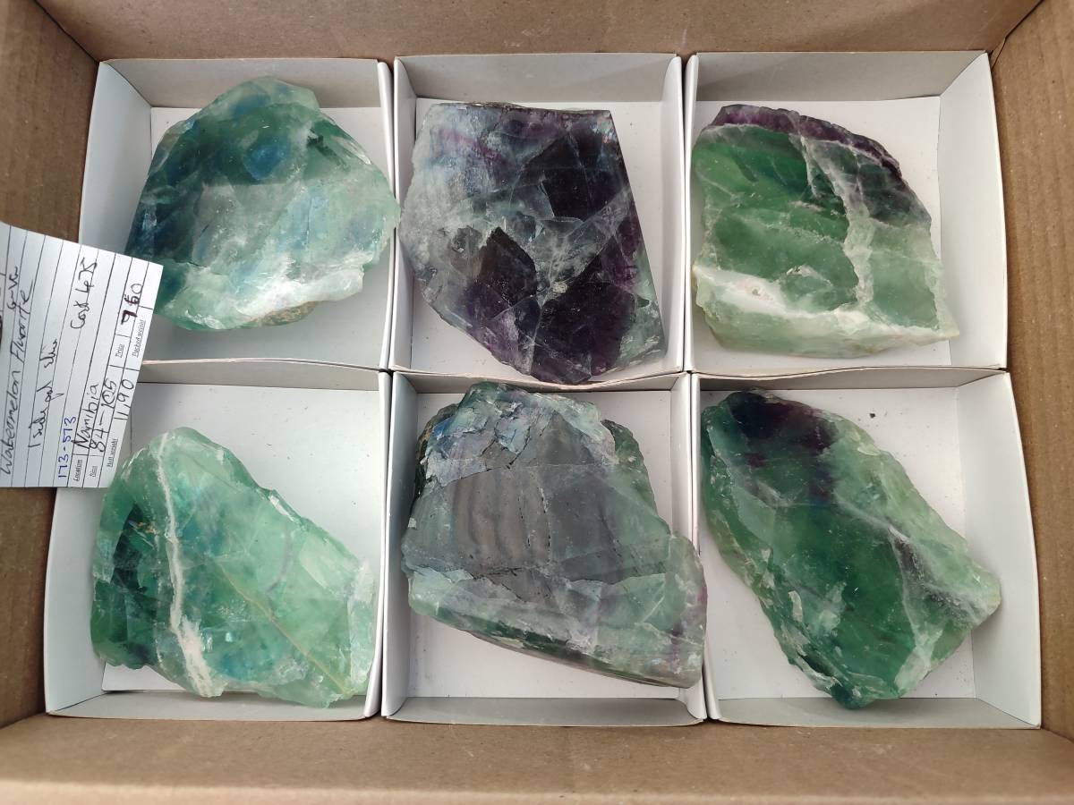 Polished On One Side Watermelon Fluorite Slices x 6 From Uis, Namibia - Toprock Gemstones and Minerals 