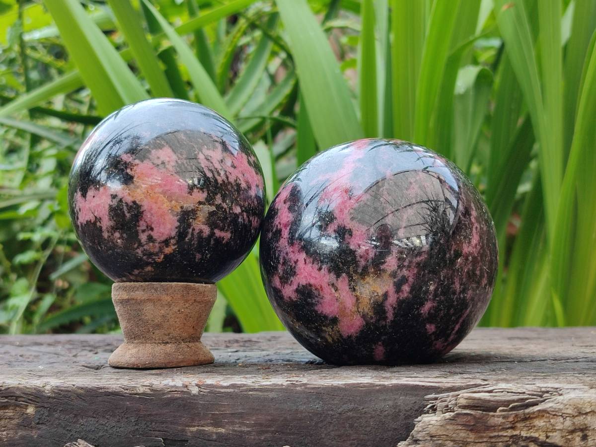 Polished Rhodonite Spheres x 2 From Ambindavato, Madagascar - Toprock Gemstones and Minerals 