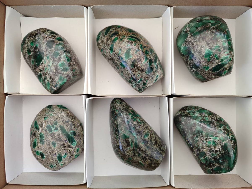 Polished Emerald Mica 'Mutokolite' Standing Free Forms x 6 From Mutoko, Zimbabwe - Toprock Gemstones and Minerals 