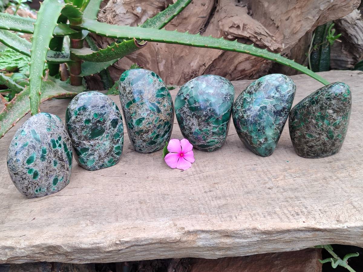 Polished Emerald Mica 'Mutokolite' Standing Free Forms x 6 From Mutoko, Zimbabwe - Toprock Gemstones and Minerals 