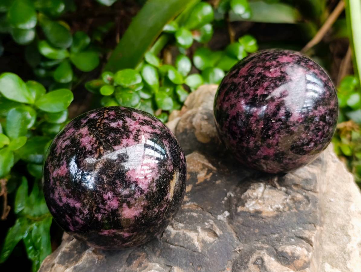Polished Rhodonite Spheres x 3 From Ambindavato, Madagascar - Toprock Gemstones and Minerals 