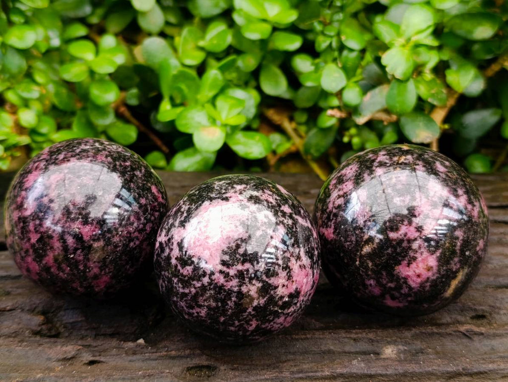 Polished Rhodonite Spheres x 3 From Ambindavato, Madagascar - Toprock Gemstones and Minerals 